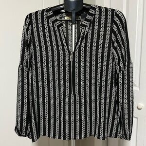 Michael Kors Black and White Chain-Print Zip-Front Blouses silk feel & flow.